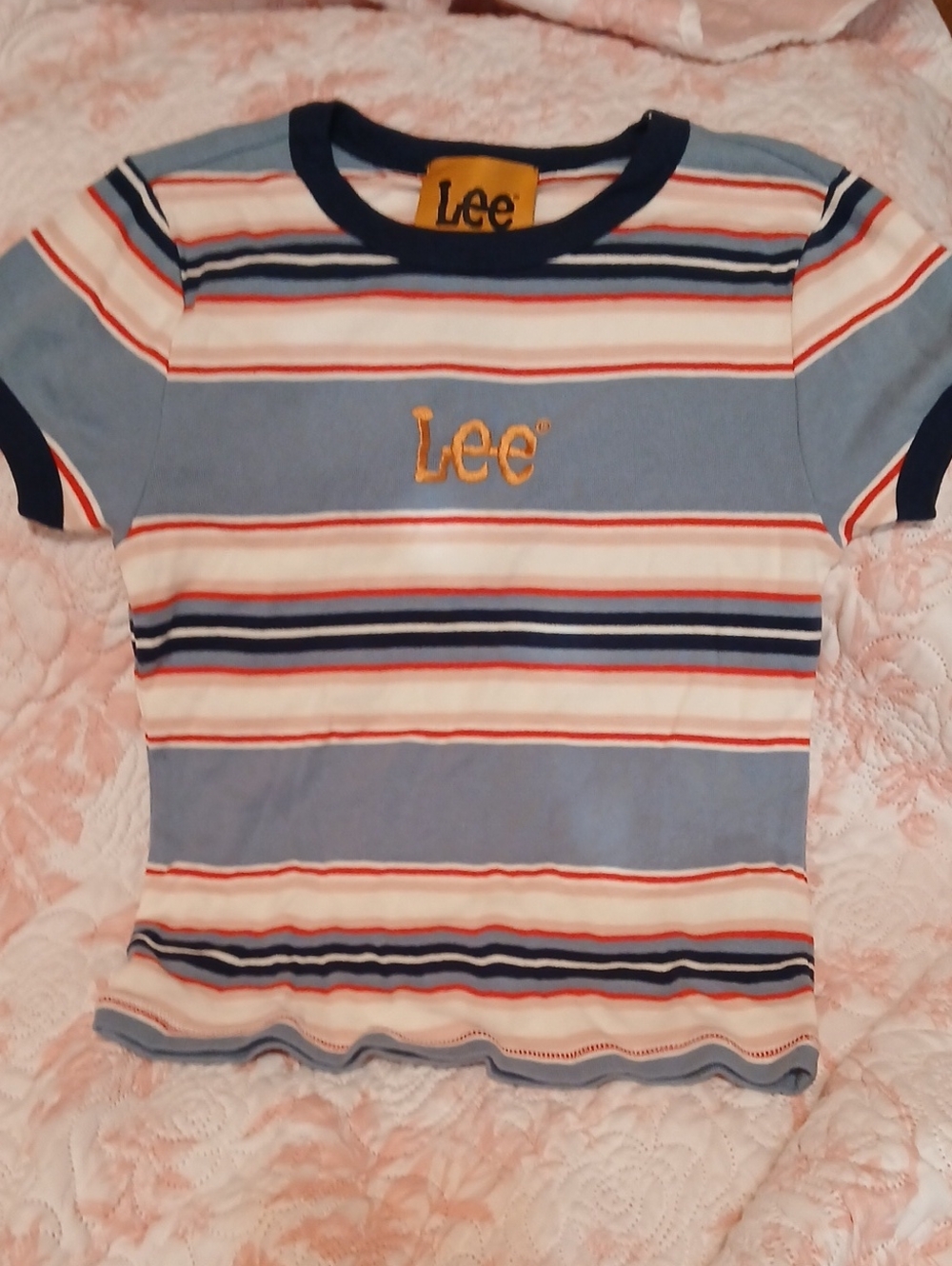 Lee Blue & White Striped Logo Ringer Tee